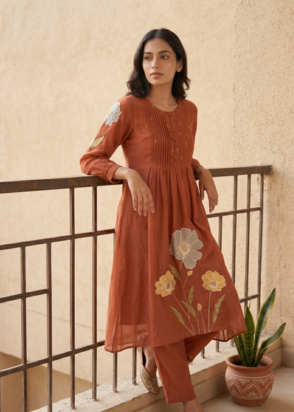 Rust orange Mahi Mul Chanderi A line Suit set - Set of 3