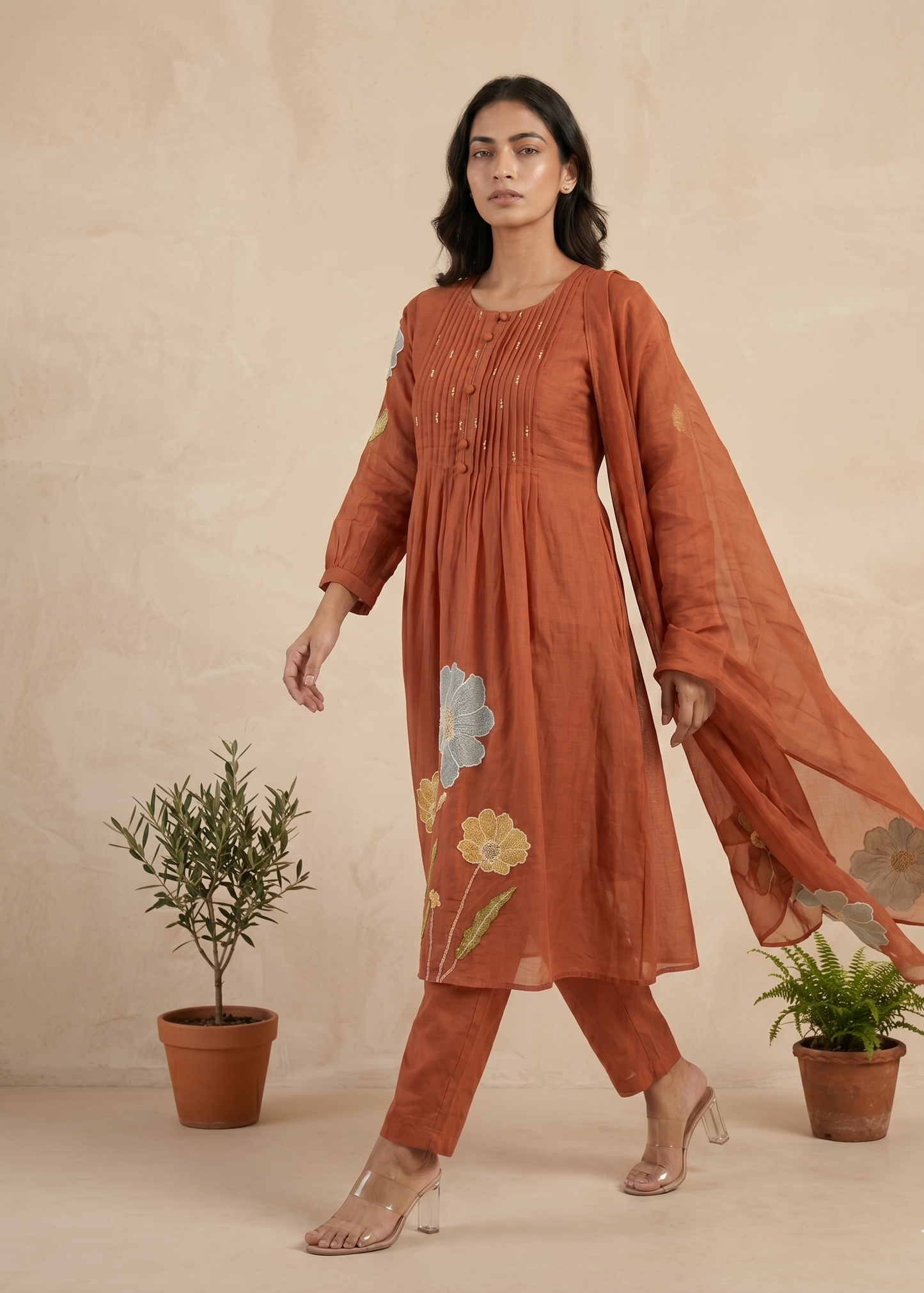 Rust orange Mahi Mul Chanderi A line Suit set - Set of 3
