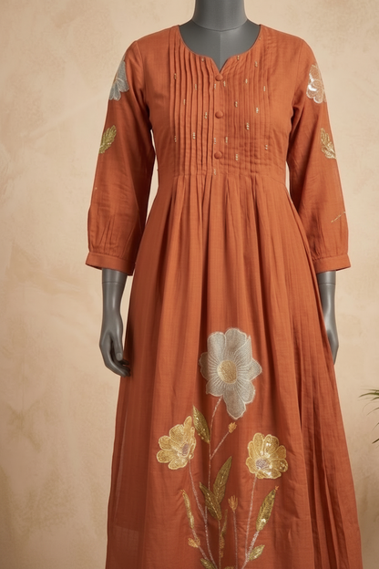 Rust orange Mahi Mul Chanderi A line Suit set - Set of 3