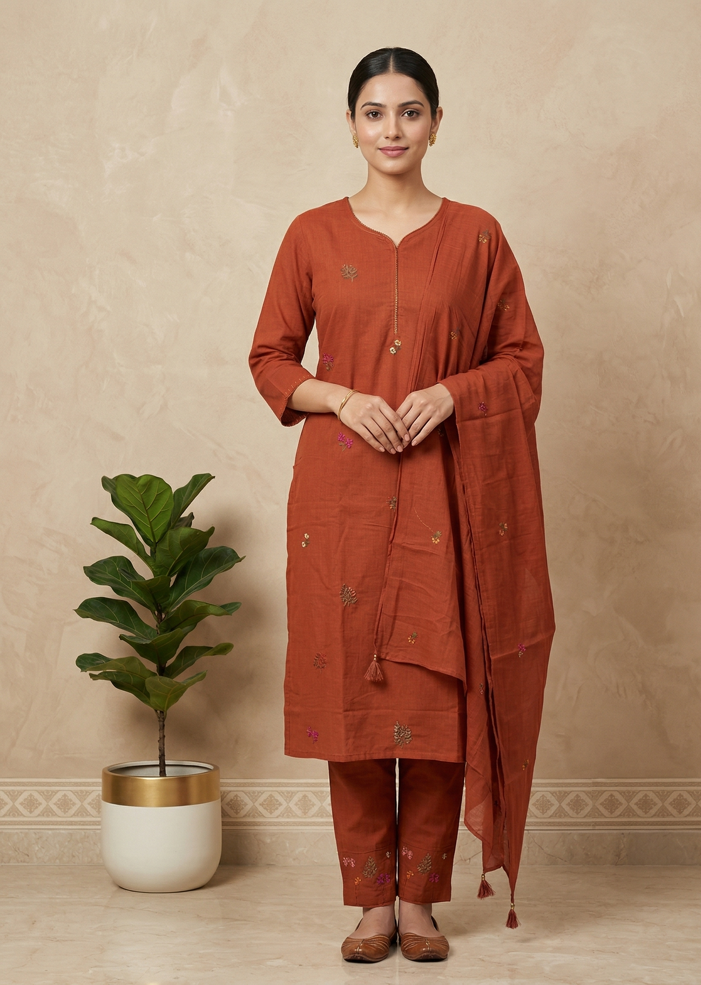 Rust Orange Kesar Slub Cotton Suit set