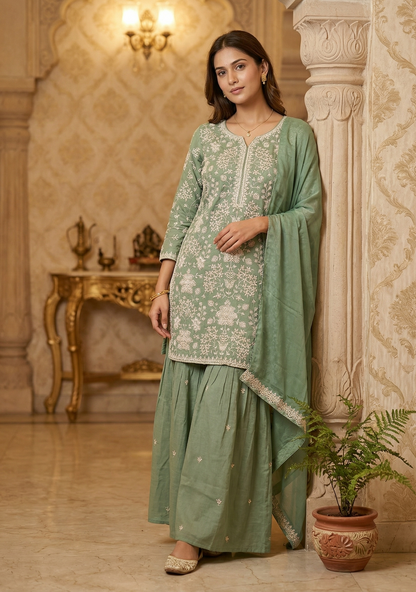 Green Sharara Farah With Duppata