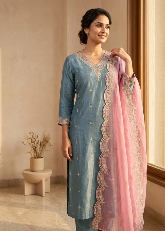 Powder Blue Pratha Tissue silk Suit Set