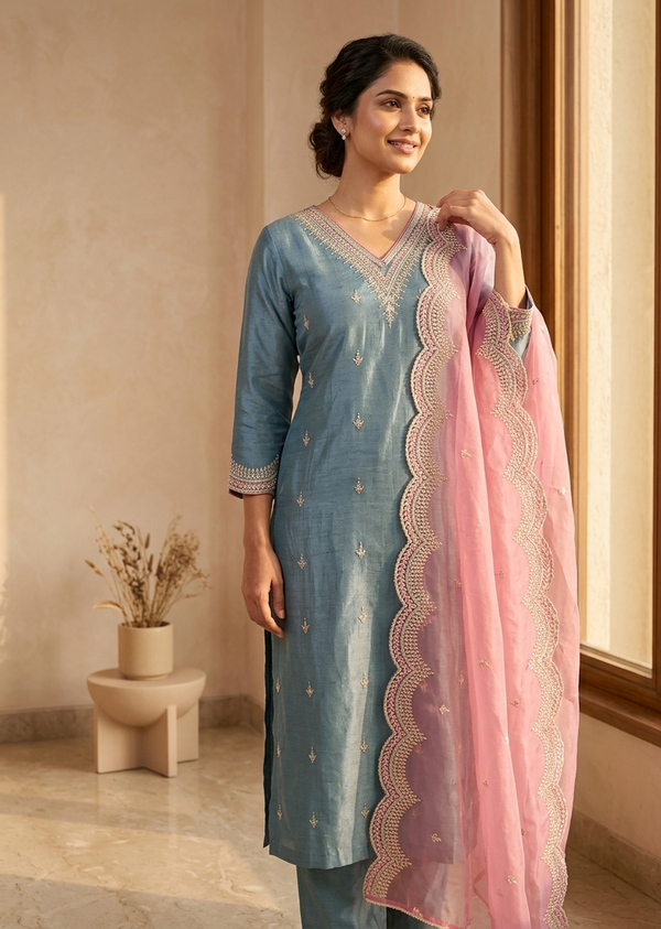 Pwder Blue Pratha Tissue silk Suit Set