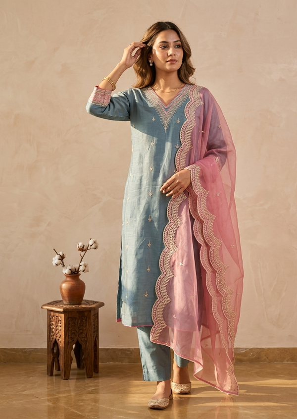 Pwder Blue Pratha Tissue silk Suit Set