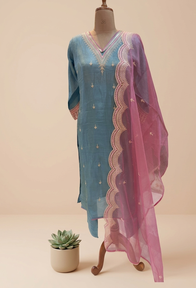 Pwder Blue Pratha Tissue silk Suit Set