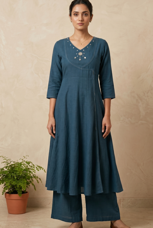 Teal Blue Ami Flex cotton Anarkali Kurta set