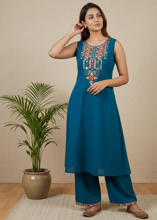 Teal Blue Rhea Boho Cotton Kurta set