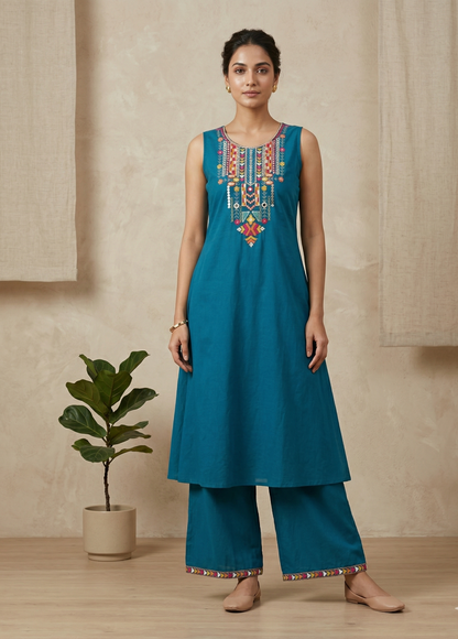 Teal Blue Rhea Boho Cotton Kurta set