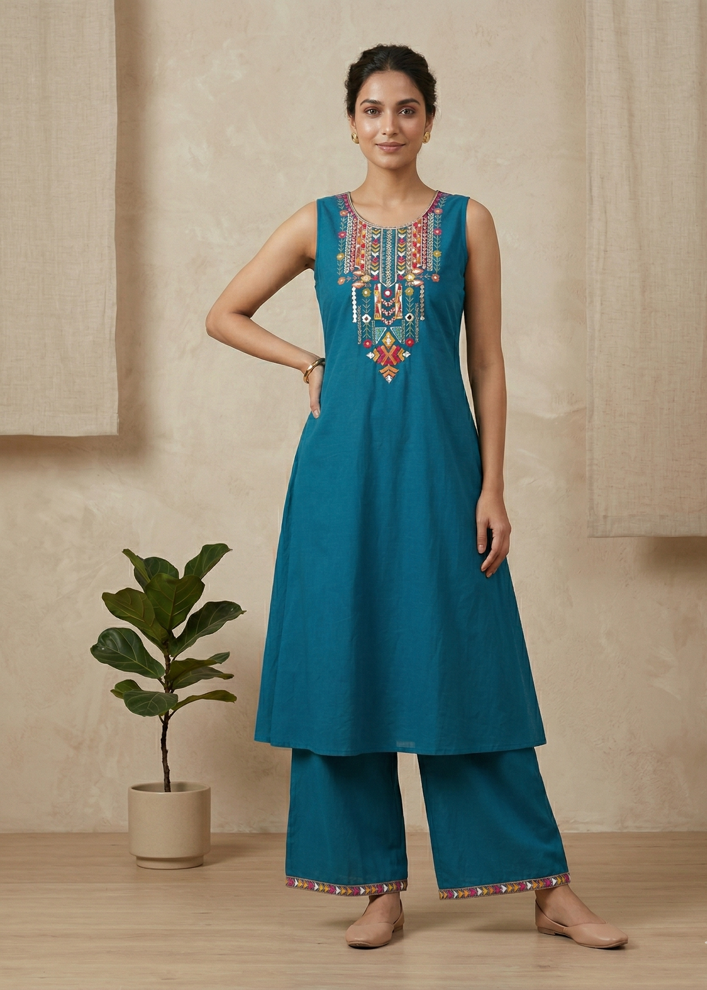 Teal Blue Rhea Boho Cotton Kurta set