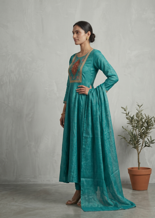 Peacock Blue Shika Glass Tissue Anarkali suit set