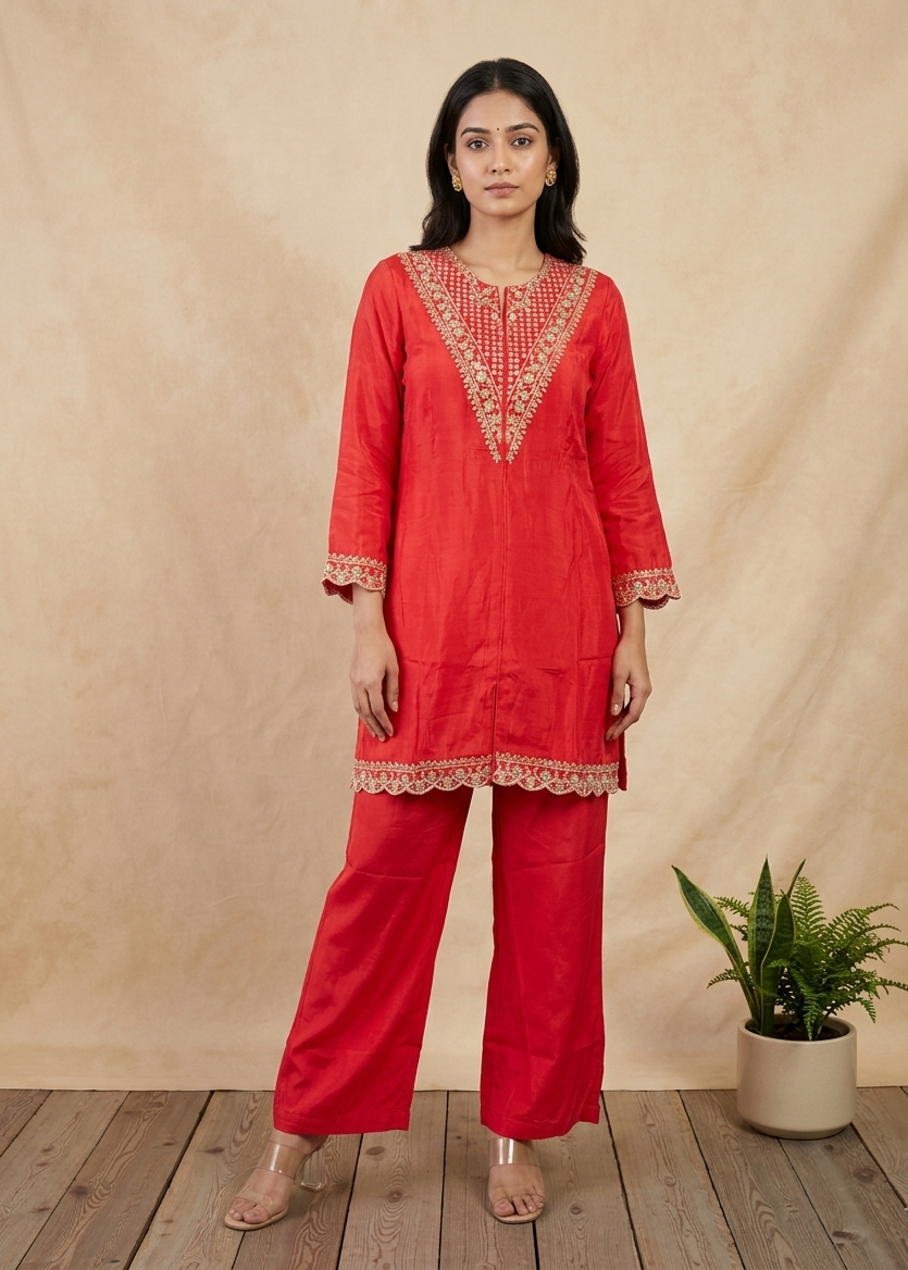 Tomato Red Mouni Crepe Silk Short suit set - set of 3
