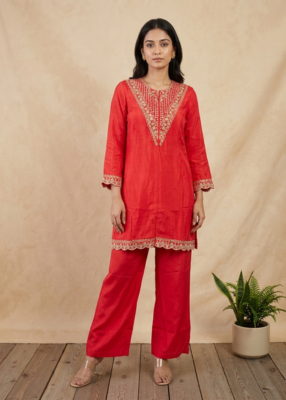 Tomato Red Mouni Crepe Silk Short suit set - set of 3