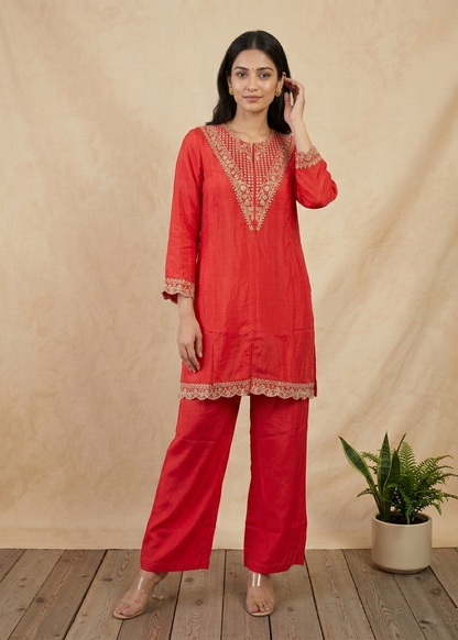 Tomato Red Mouni Crepe Silk Short suit set - set of 3