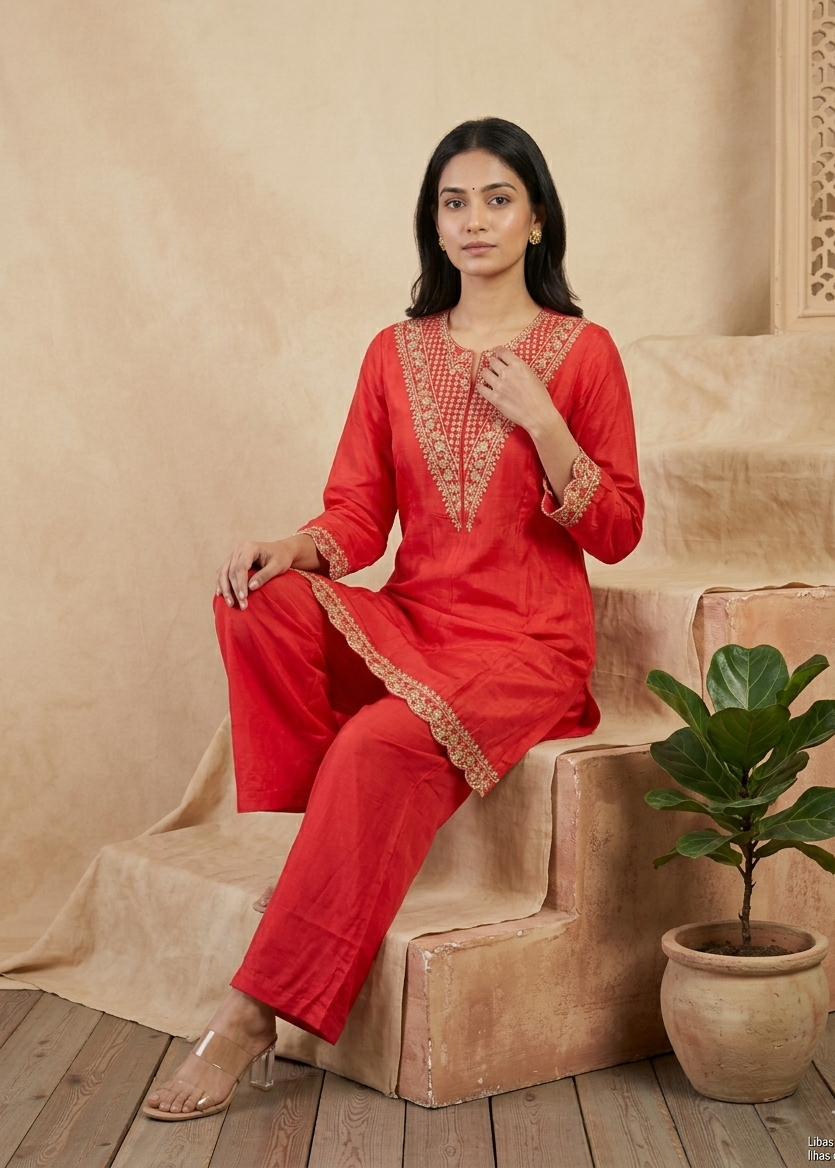 Tomato Red Mouni Crepe Silk Short suit set - set of 3