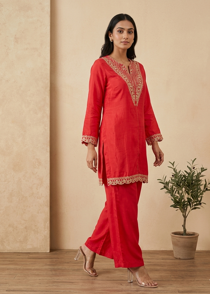 Tomato Red Mouni Crepe Silk Short suit set - set of 3