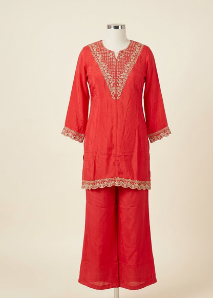 Tomato Red Mouni Crepe Silk Short suit set - set of 3