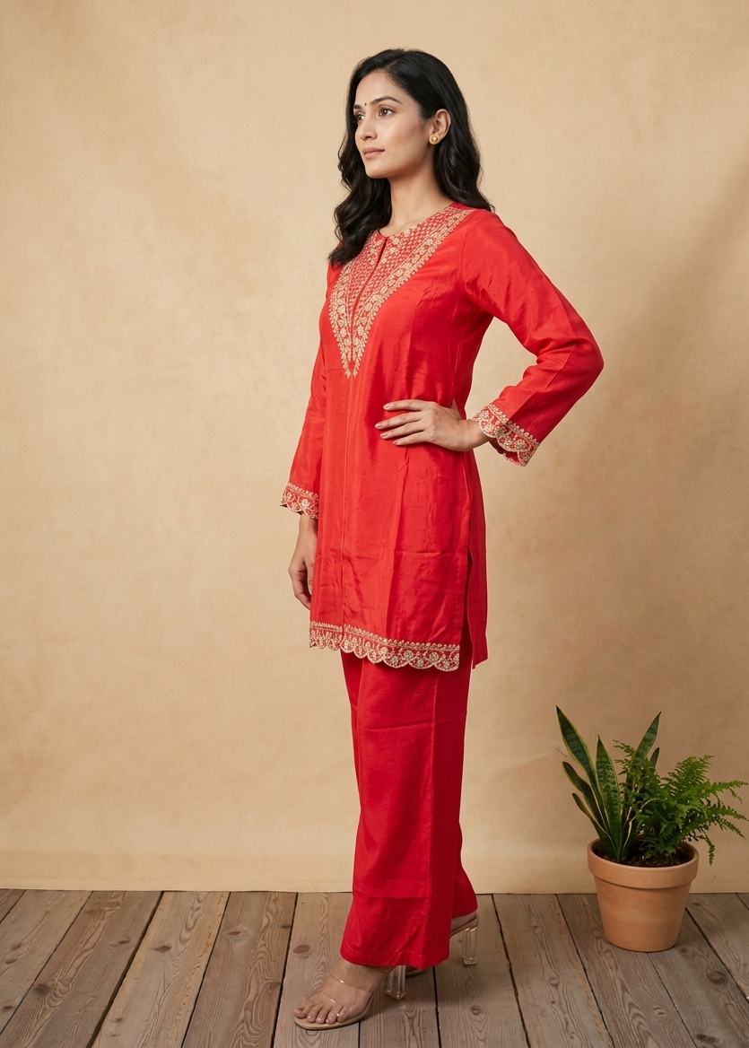 Tomato Red Mouni Crepe Silk Short suit set - set of 3