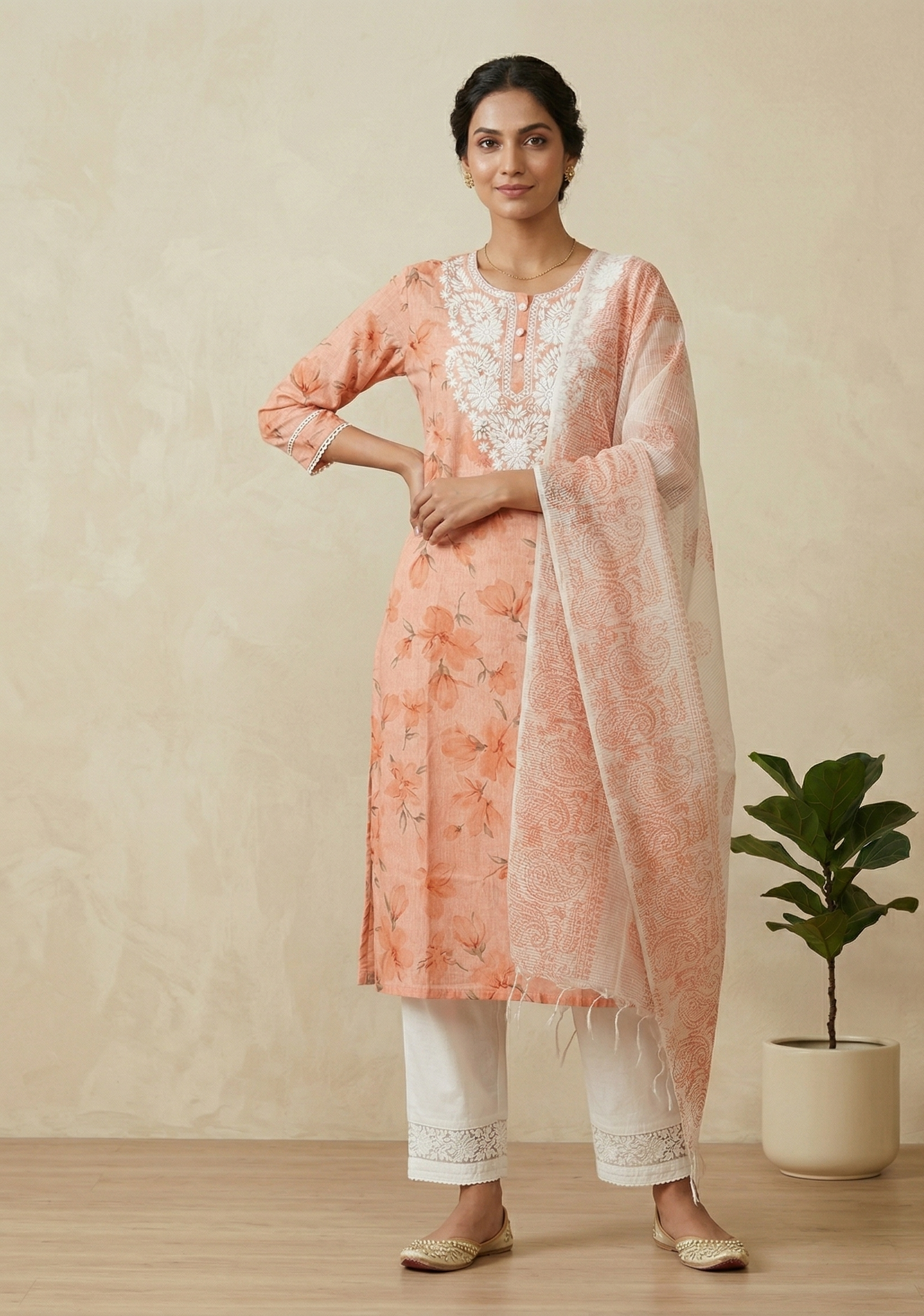 Orange Vini Chikankari Cotton Suit Set for Women Ethnic Wear
