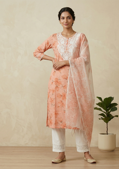 Orange Vini Chikankari Cotton Suit Set for Women Ethnic Wear