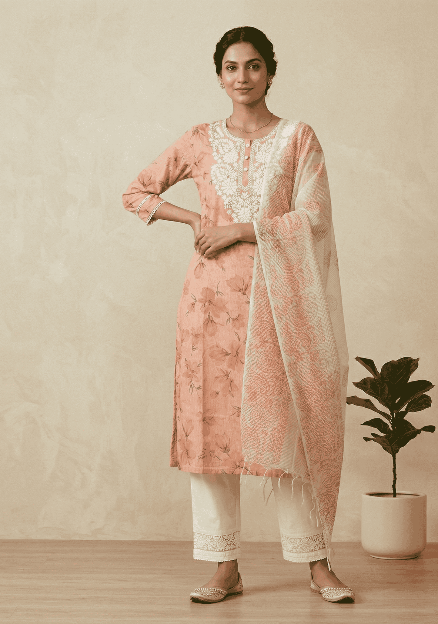 Orange Vini Chikankari Cotton Straight  Suit Set With Duppata