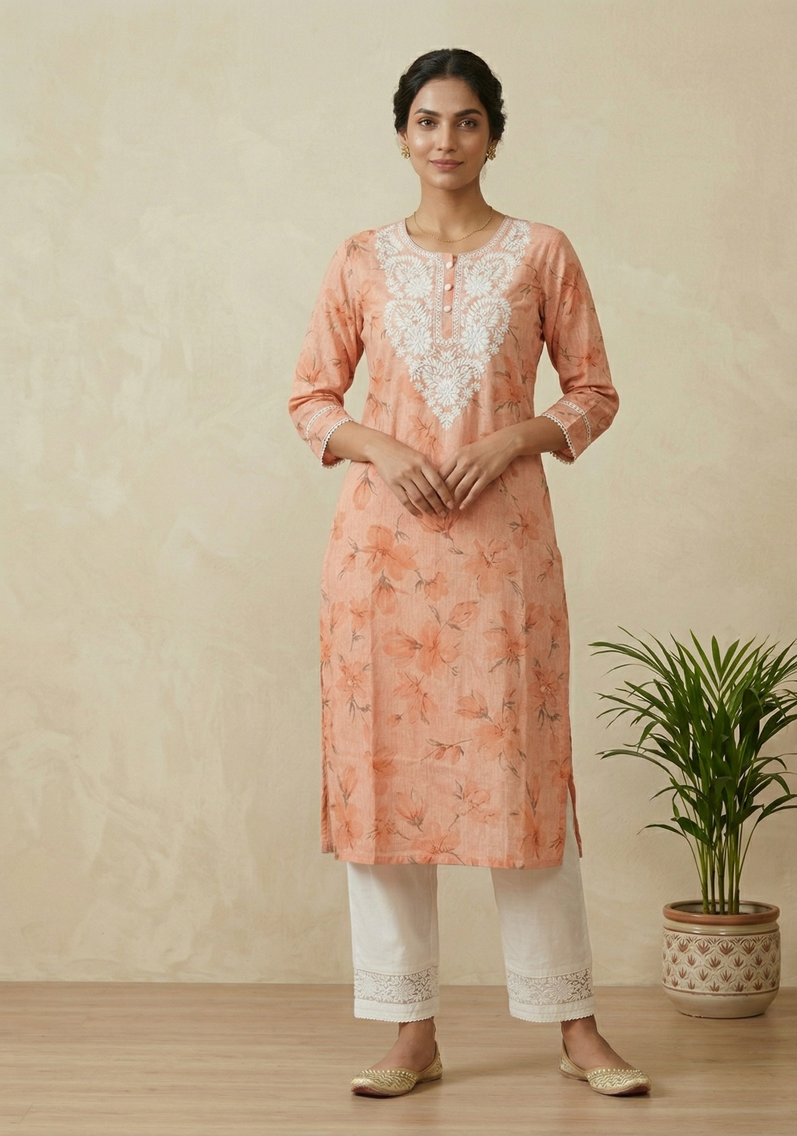 Elegant Orange Vini Cotton Suit Set with Chikankari Embroidery