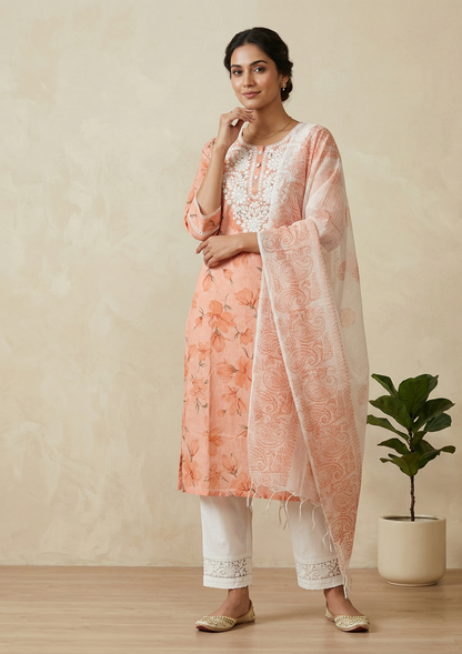 Designer Orange Chikankari Kurta Pant Dupatta Suit Set for Women