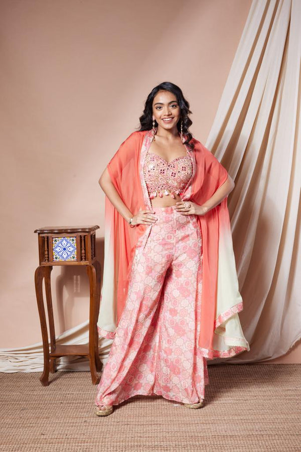 Peach Lisa Indo western Chinon silk outfit