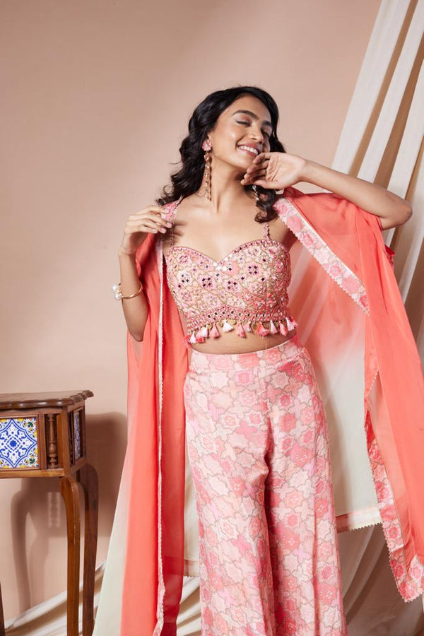 Peach Lisa Indo western Chinon silk outfit