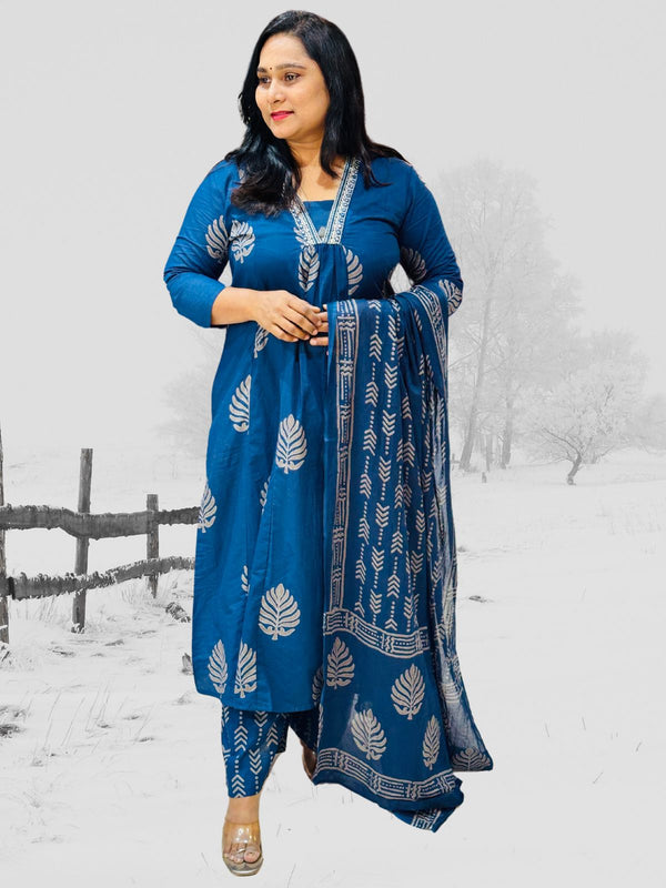 Blue Neelam A-Line Block print Cotton Suit set
