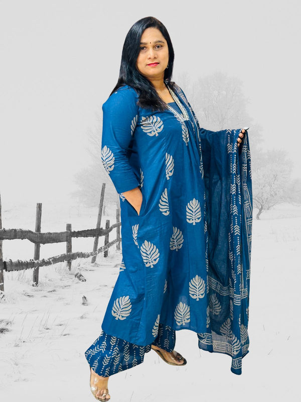 Blue Neelam A-Line Block print Cotton Suit set