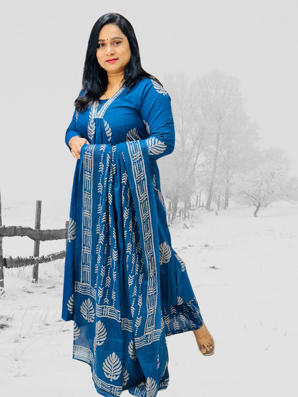 Blue Neelam A-Line Block print Cotton Suit set