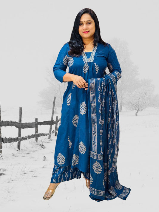 Blue Neelam A-Line Block print Cotton Suit set