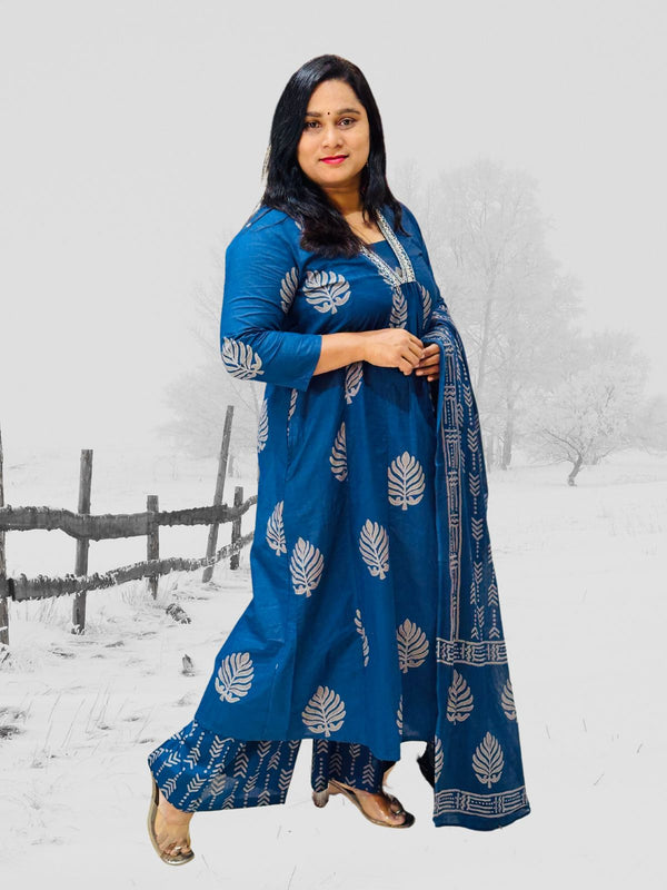 Blue Neelam A-Line Block print Cotton Suit set