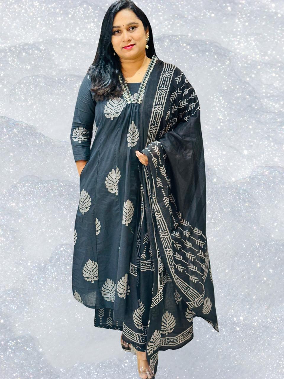 Black Neelam A line  Cotton Suit Set