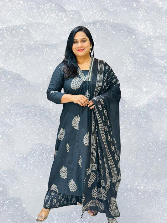 Black Neelam A line  Cotton Suit Set