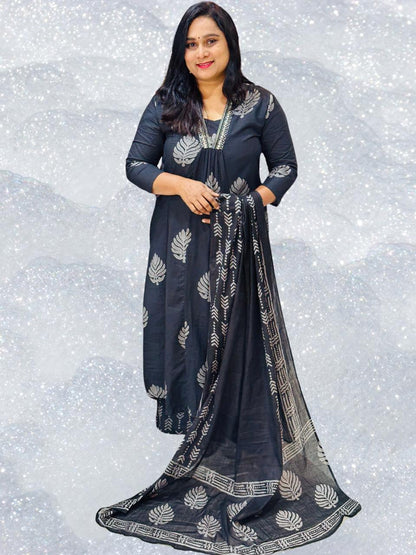 Black Neelam A line  Cotton Suit Set