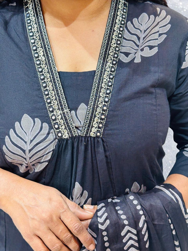 Black Neelam A line  Cotton Suit Set