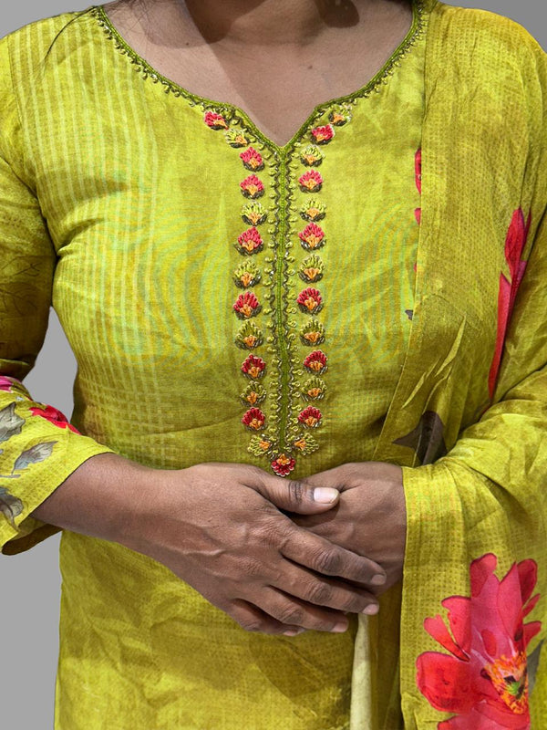 Green Henna Soft Muslin Hand work Suit Set