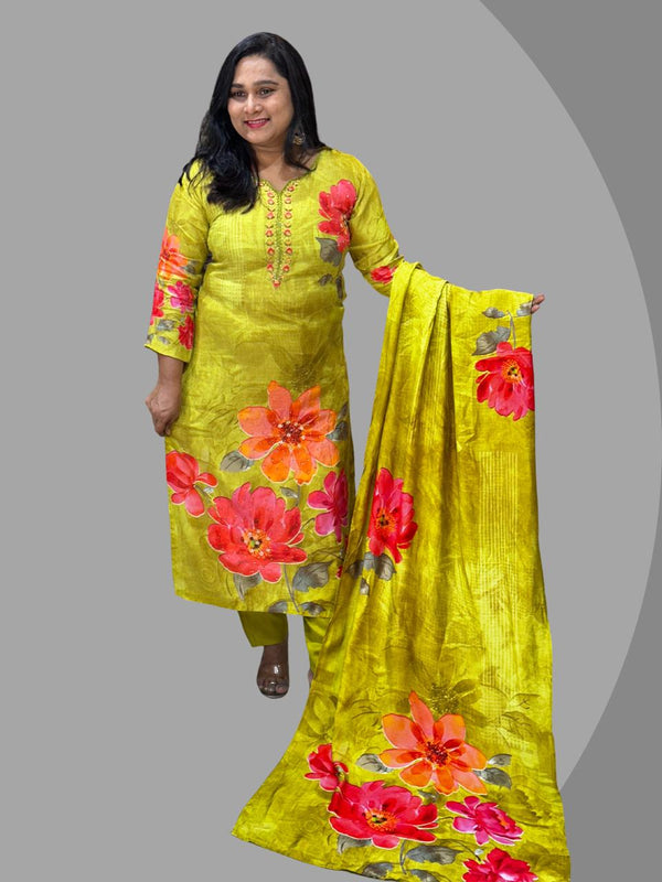 Green Henna Soft Muslin Hand work Suit Set