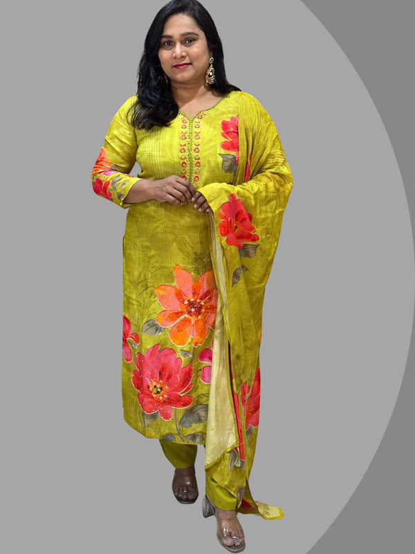 Green Henna Soft Muslin Hand work Suit Set