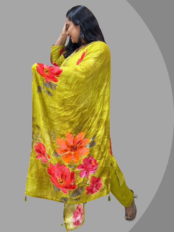 Green Henna Soft Muslin Hand work Suit Set