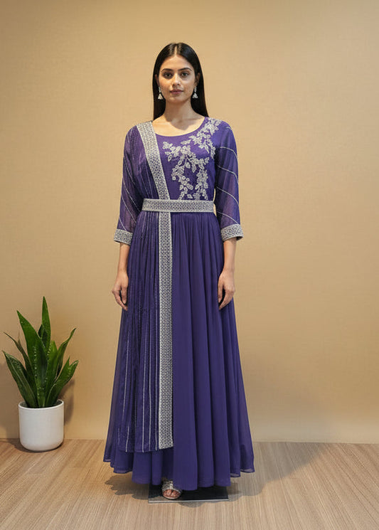Purple Simran Chinon silk Gown with cutdana work