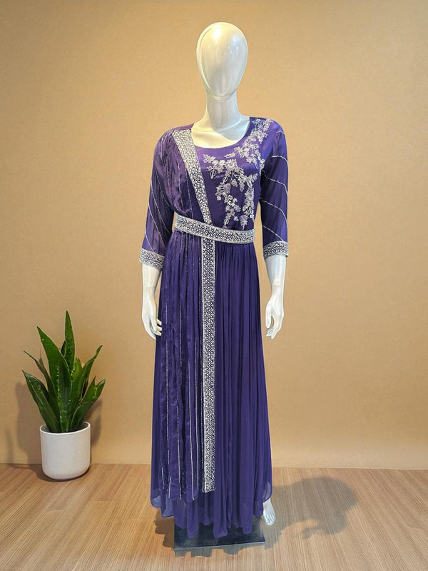 Purple Simran Chinon silk Gown with cutdana work
