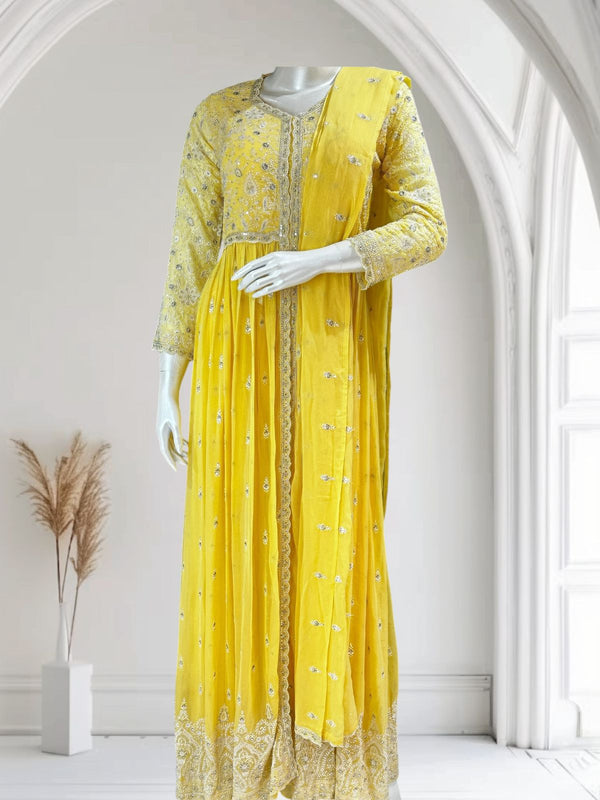 Yellow Georgette RIDHA Embroidery Sharara set