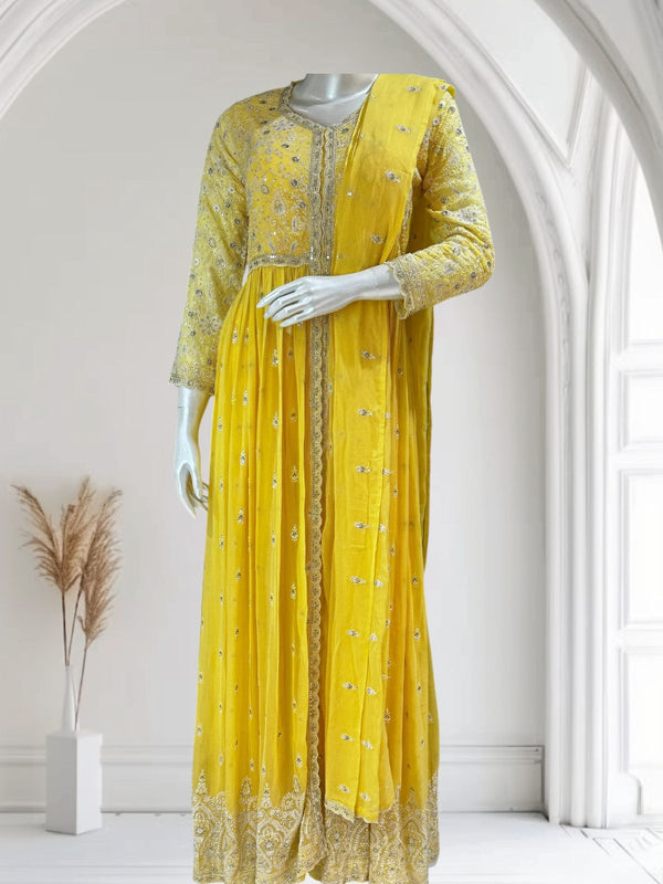 Yellow Georgette RIDHA Embroidery Sharara set