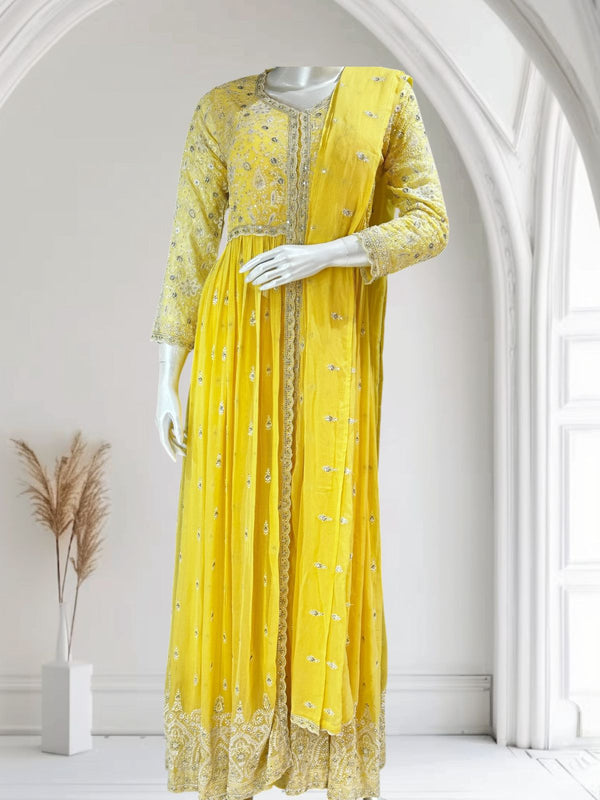 Yellow Georgette RIDHA Embroidery Sharara set