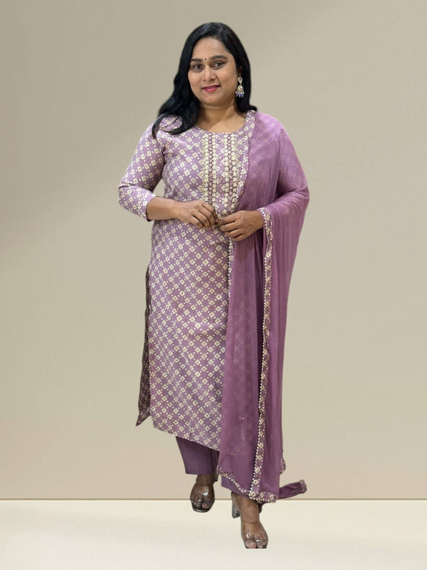 Lavender Bhavna Muslin Bhandini Suit set