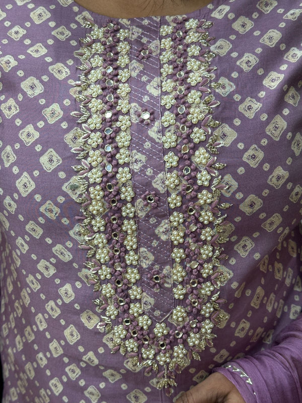 Lavender Bhavna Muslin Bhandini Suit set