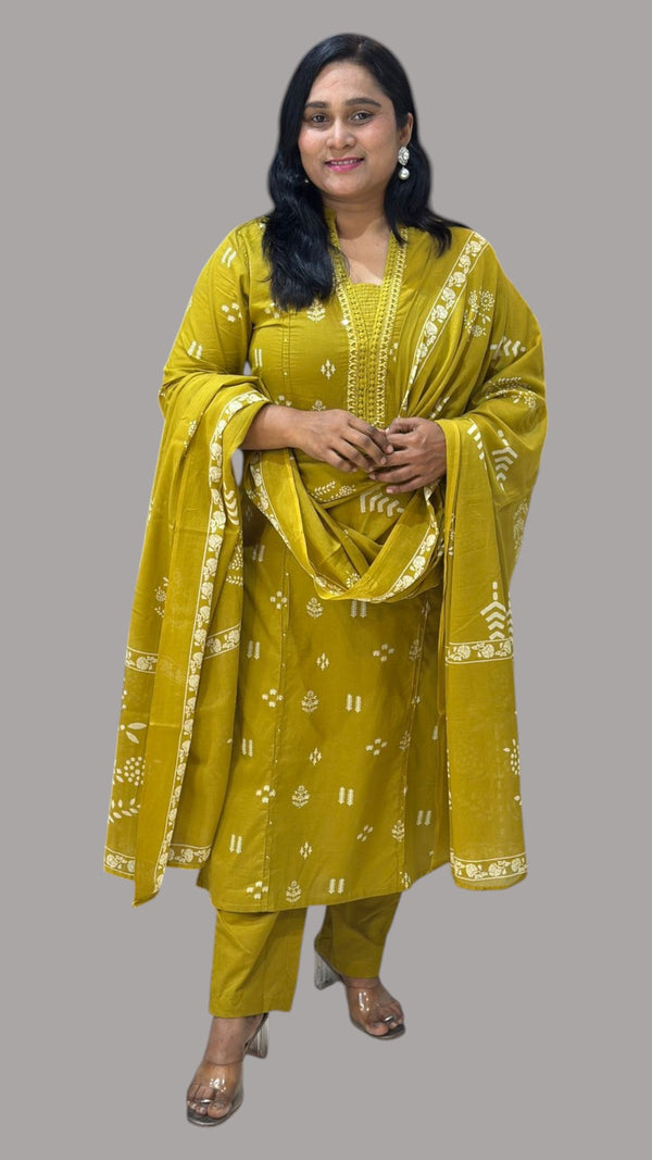 Mustard Green Jinal Cotton suit set