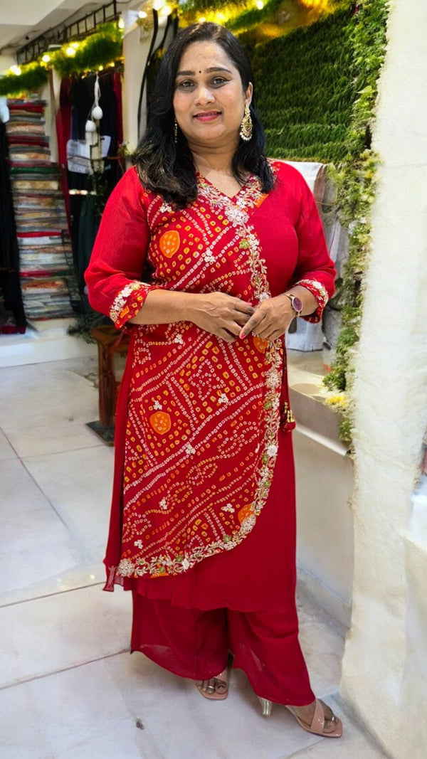 Red Hetal Bhandej Chinon silk Set